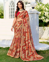 Vishal Prints Light Beige And Lava Red Printed Chiffon Saree With Fancy Border