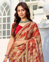Vishal Prints Light Beige And Lava Red Printed Chiffon Saree With Fancy Border