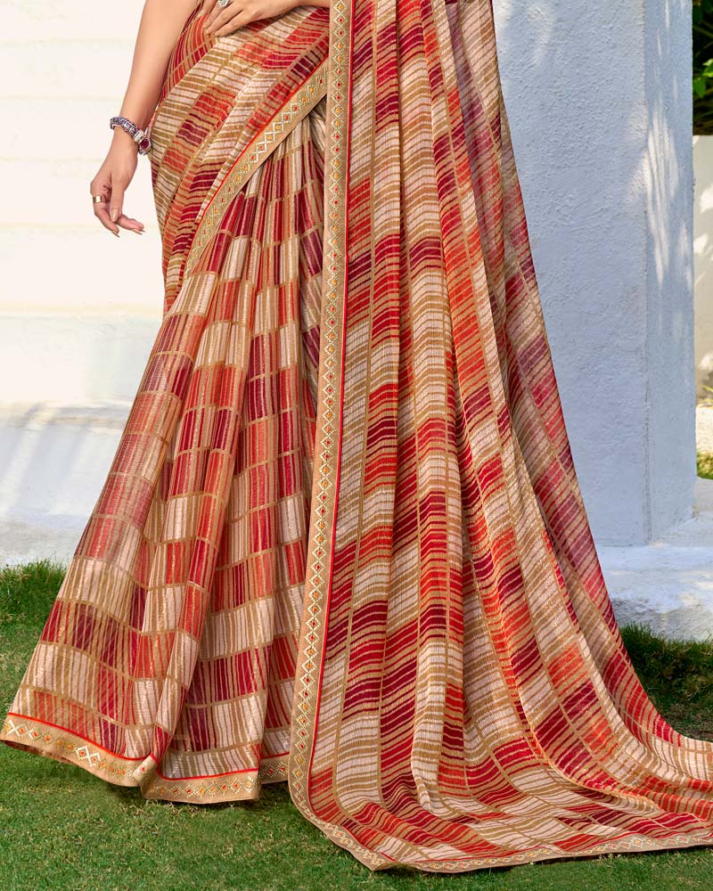 Vishal Prints Light Beige And Lava Red Printed Chiffon Saree With Fancy Border