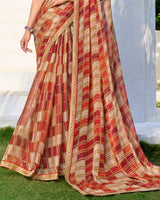 Vishal Prints Light Beige And Lava Red Printed Chiffon Saree With Fancy Border