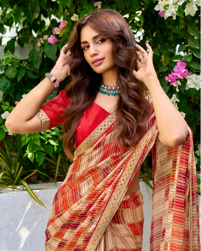 Vishal Prints Light Beige And Lava Red Printed Chiffon Saree With Fancy Border