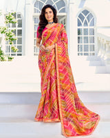 Vishal Prints Pastel Orange And Pinkish Red Printed Chiffon Saree With Fancy Border