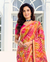 Vishal Prints Pastel Orange And Pinkish Red Printed Chiffon Saree With Fancy Border