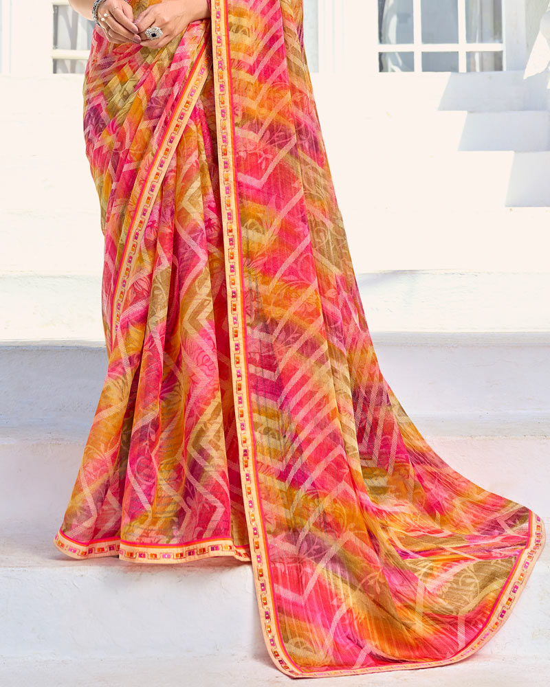 Vishal Prints Pastel Orange And Pinkish Red Printed Chiffon Saree With Fancy Border