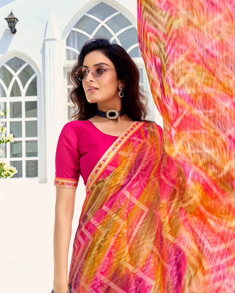 Vishal Prints Pastel Orange And Pinkish Red Printed Chiffon Saree With Fancy Border