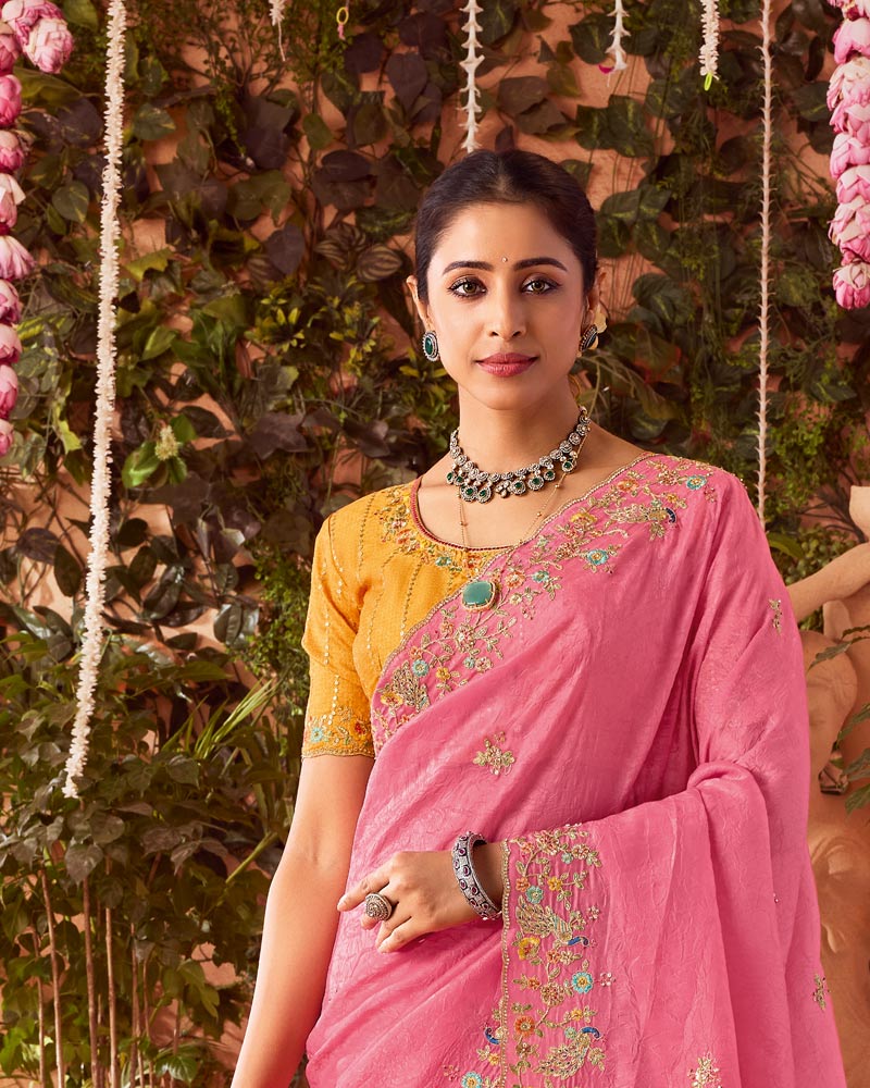 Vishal Prints Light Coral Pink Designer Fancy Gold Crush Saree With Embroidery-Diamond Work And Cut Work Border