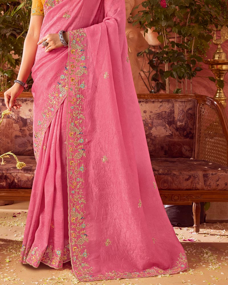 Vishal Prints Light Coral Pink Designer Fancy Gold Crush Saree With Embroidery-Diamond Work And Cut Work Border