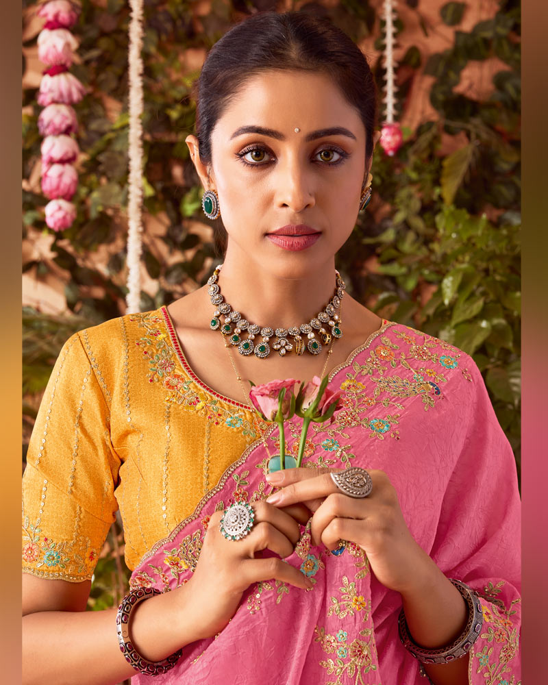 Vishal Prints Light Coral Pink Designer Fancy Gold Crush Saree With Embroidery-Diamond Work And Cut Work Border
