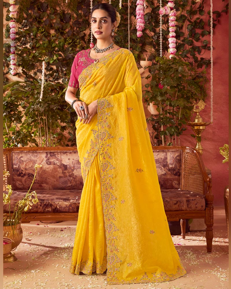 Vishal Prints Dark Tulip Yellow Designer Fancy Gold Crush Saree With Embroidery-Diamond Work And Cut Work Border