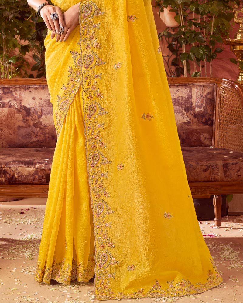 Vishal Prints Dark Tulip Yellow Designer Fancy Gold Crush Saree With Embroidery-Diamond Work And Cut Work Border