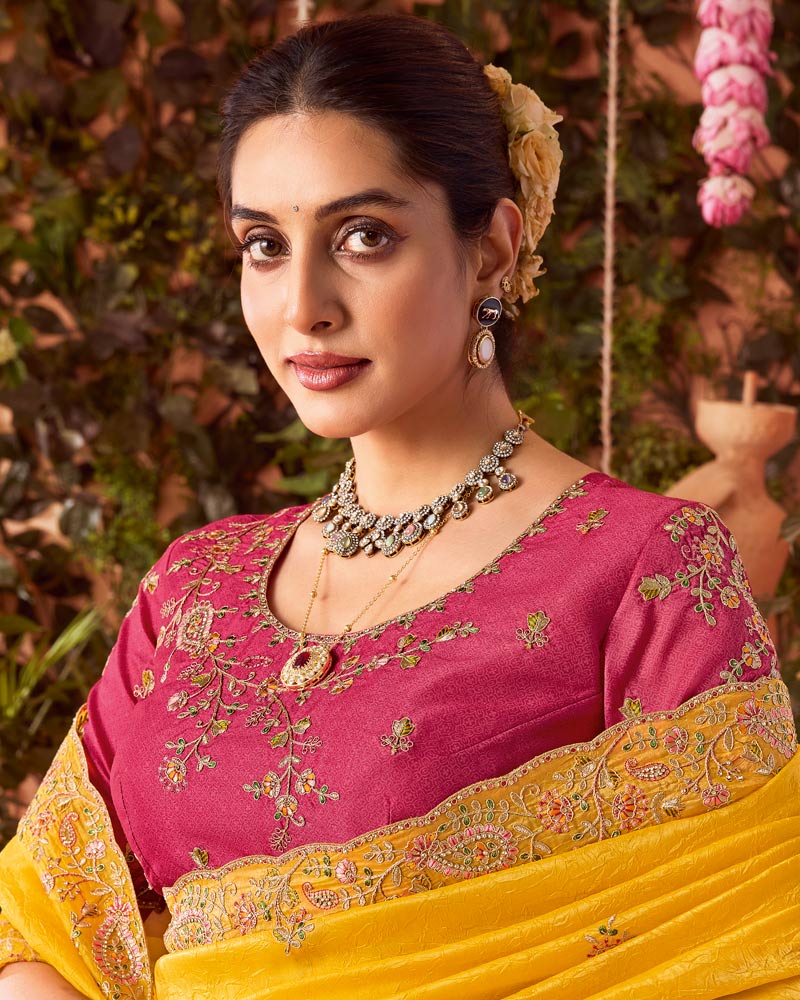Vishal Prints Dark Tulip Yellow Designer Fancy Gold Crush Saree With Embroidery-Diamond Work And Cut Work Border