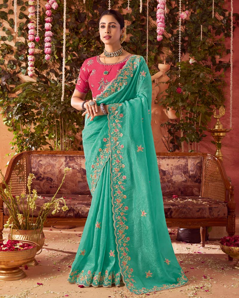 Vishal Prints Light Sea Green Designer Fancy Gold Crush Saree With Embroidery-Diamond Work And Cut Work Border