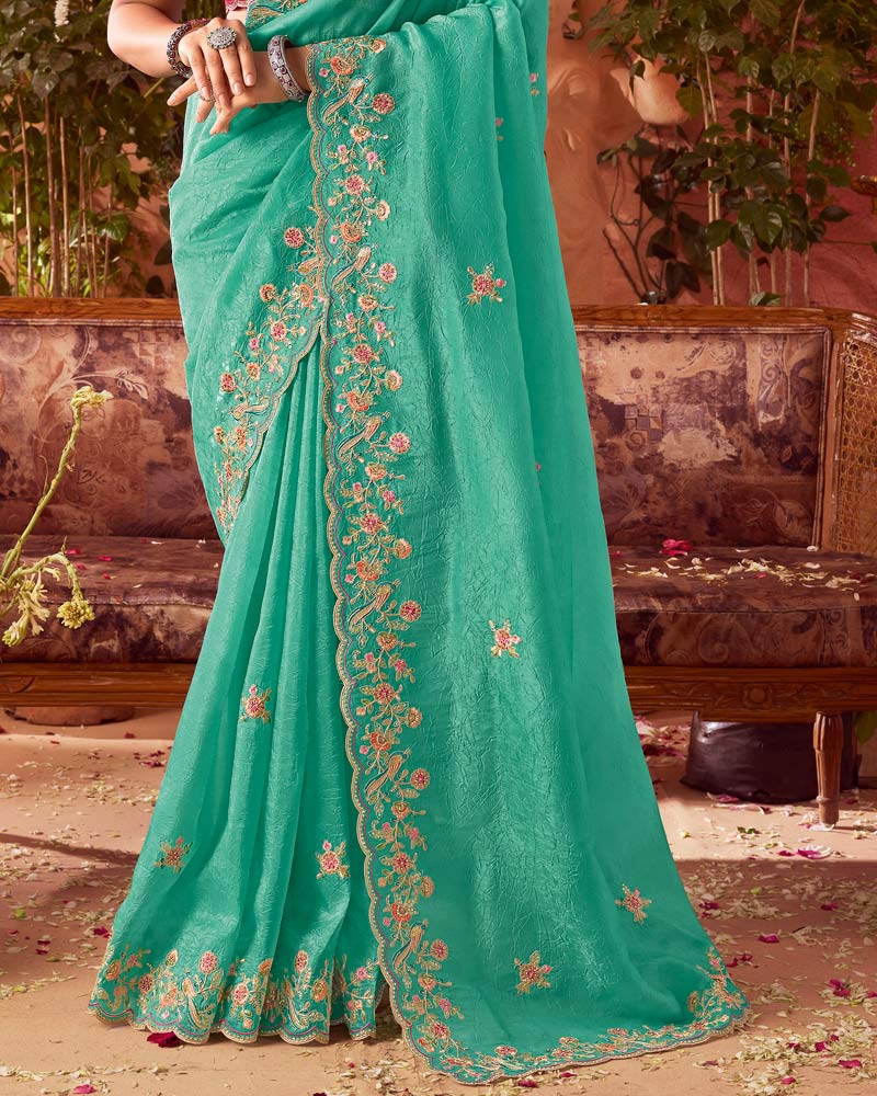 Vishal Prints Light Sea Green Designer Fancy Gold Crush Saree With Embroidery-Diamond Work And Cut Work Border