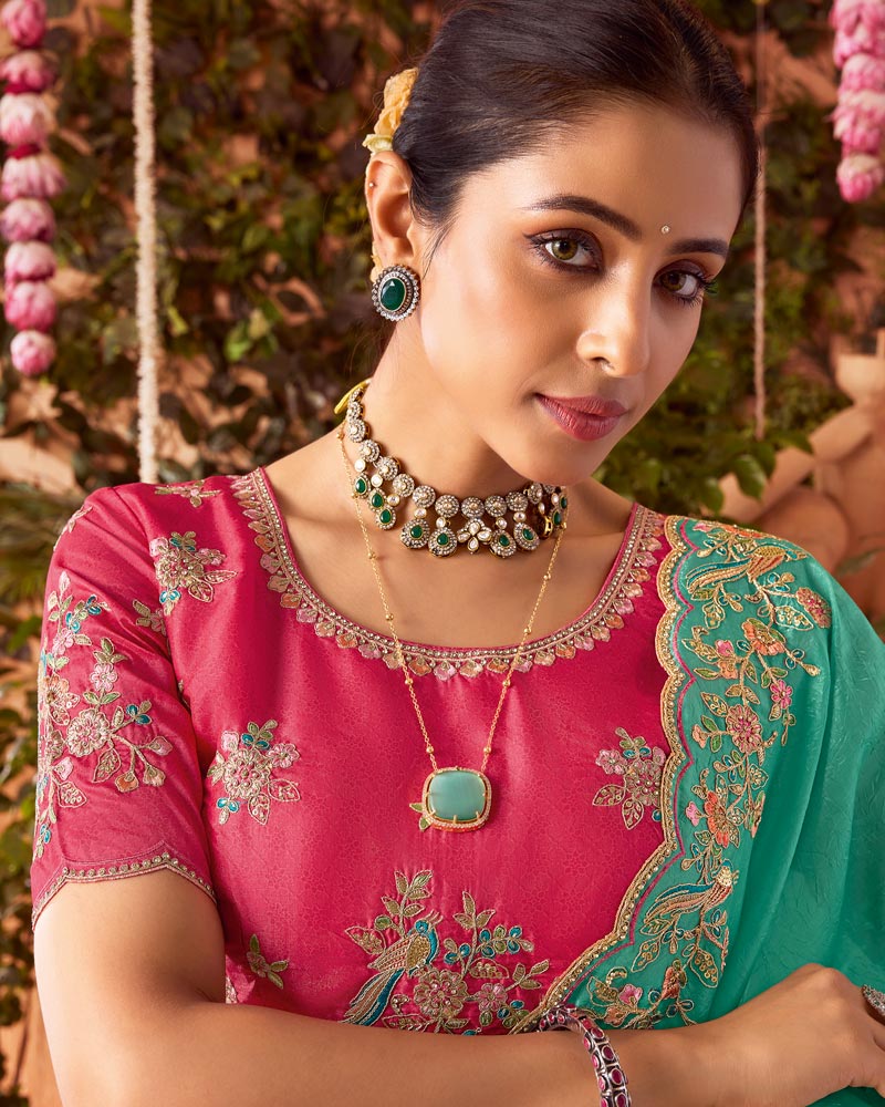 Vishal Prints Light Sea Green Designer Fancy Gold Crush Saree With Embroidery-Diamond Work And Cut Work Border