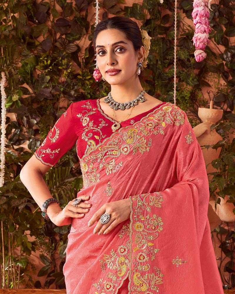 Vishal Prints Pastel Red Designer Fancy Gold Crush Saree With Embroidery-Diamond Work And Cut Work Border