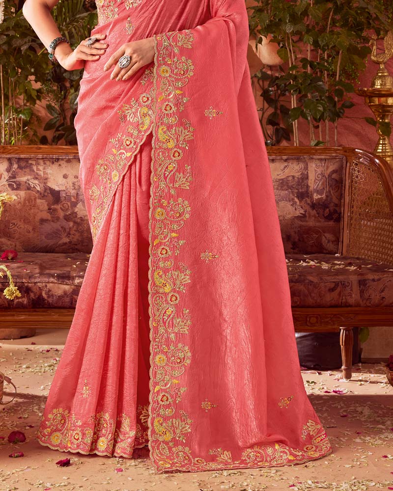 Vishal Prints Pastel Red Designer Fancy Gold Crush Saree With Embroidery-Diamond Work And Cut Work Border