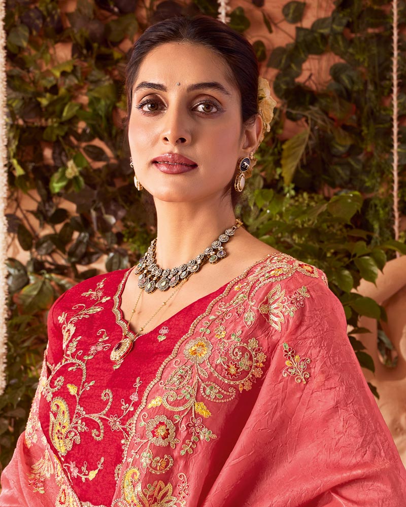 Vishal Prints Pastel Red Designer Fancy Gold Crush Saree With Embroidery-Diamond Work And Cut Work Border
