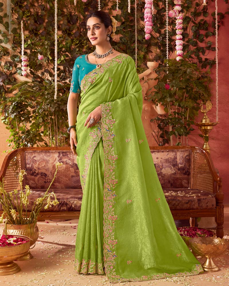 Vishal Prints Olive Green Designer Fancy Gold Crush Saree With Embroidery-Diamond Work And Cut Work Border