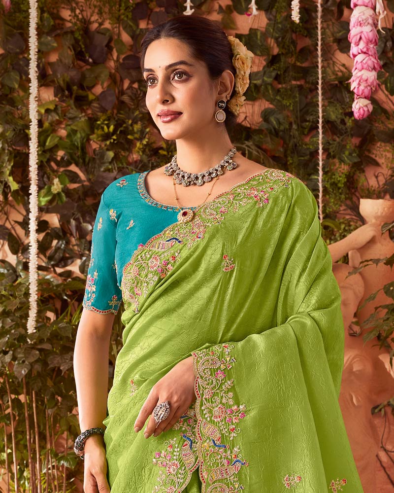 Vishal Prints Olive Green Designer Fancy Gold Crush Saree With Embroidery-Diamond Work And Cut Work Border