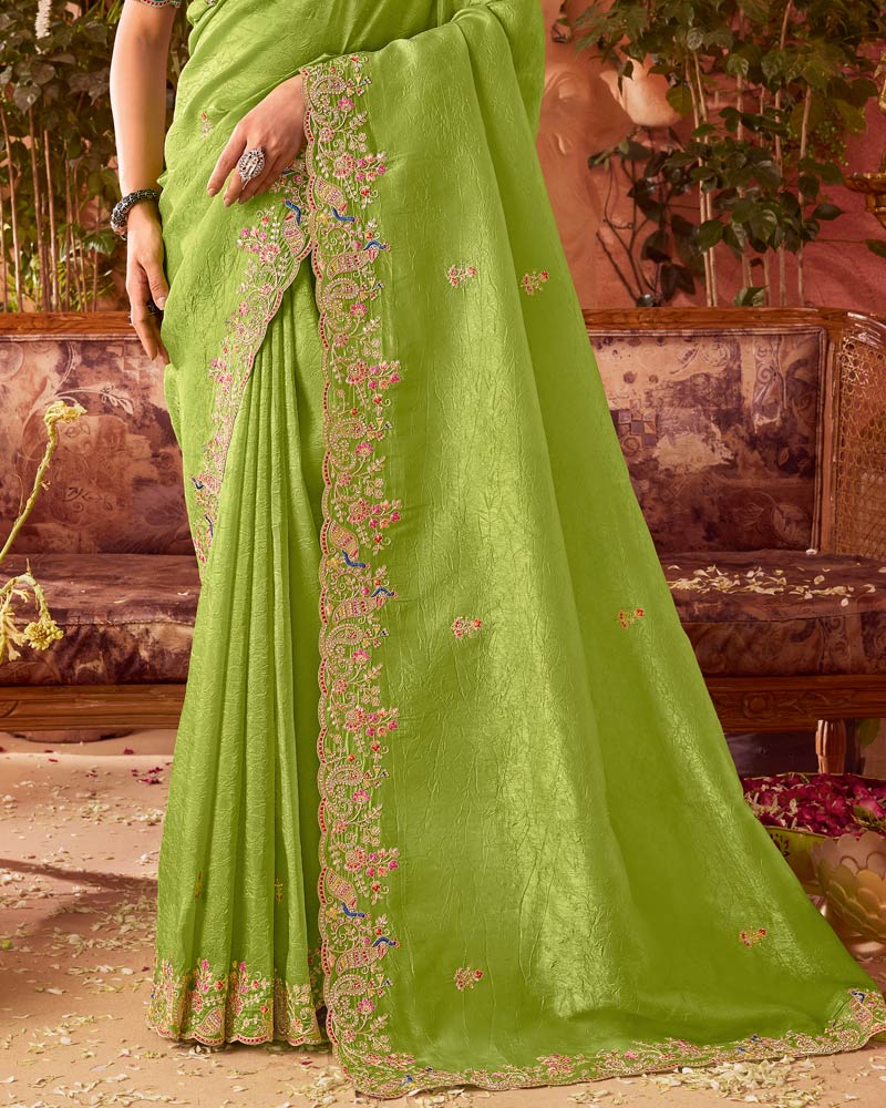 Vishal Prints Olive Green Designer Fancy Gold Crush Saree With Embroidery-Diamond Work And Cut Work Border