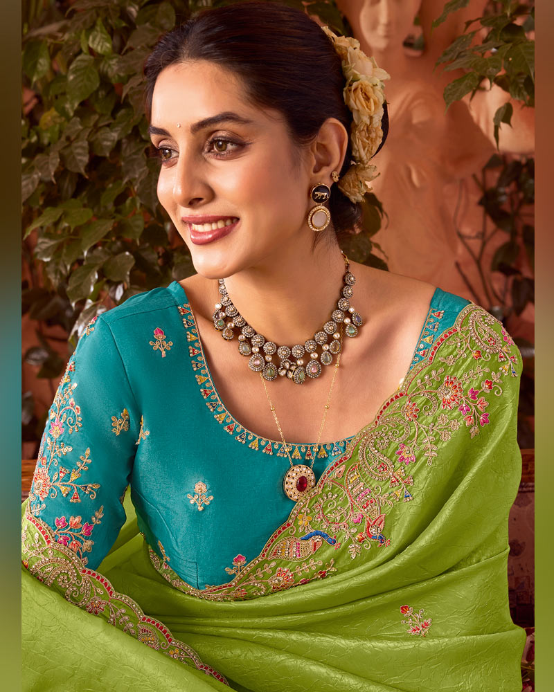 Vishal Prints Olive Green Designer Fancy Gold Crush Saree With Embroidery-Diamond Work And Cut Work Border