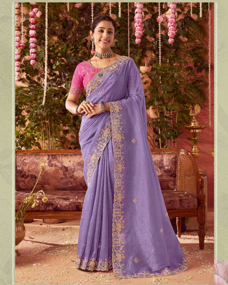 Vishal Prints Lavender Designer Fancy Gold Crush Saree With Embroidery-Diamond Work And Cut Work Border