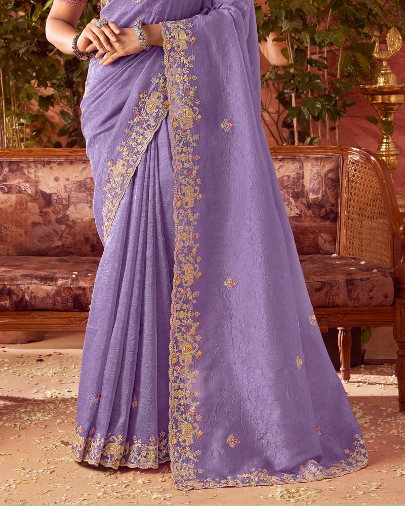 Vishal Prints Lavender Designer Fancy Gold Crush Saree With Embroidery-Diamond Work And Cut Work Border