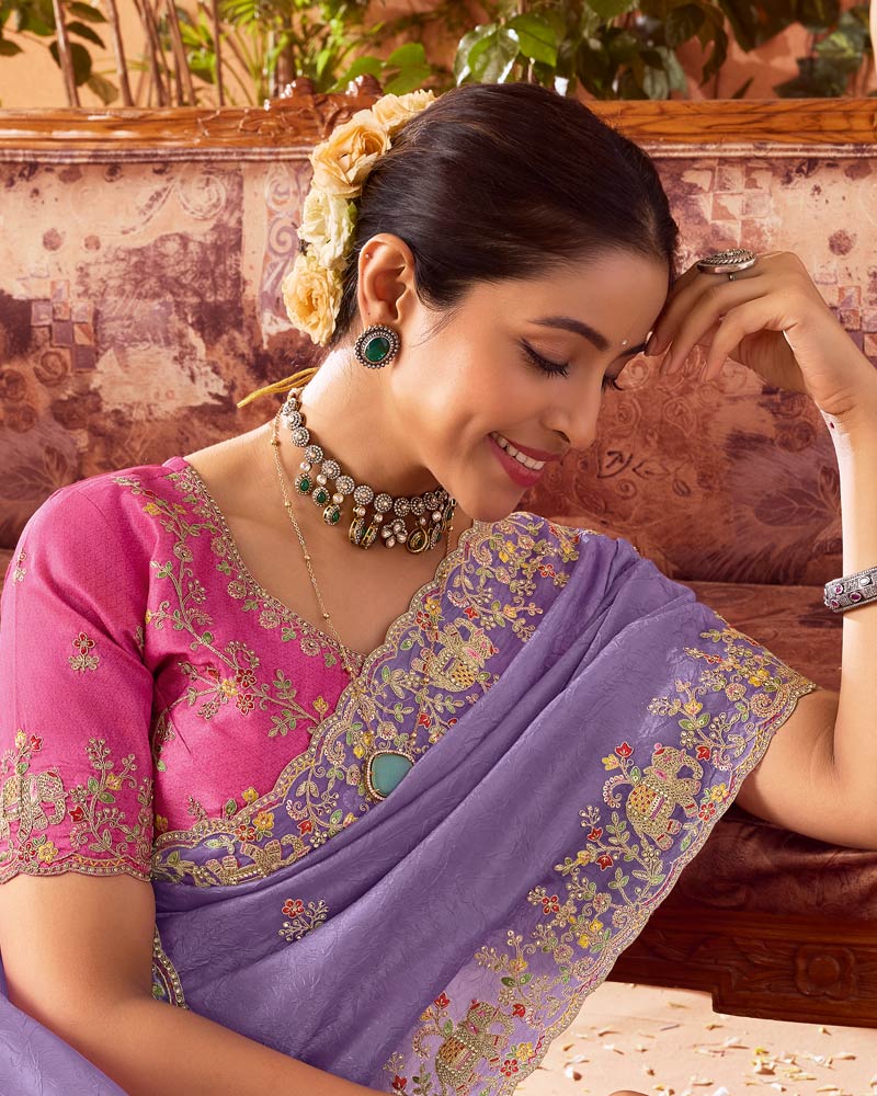 Vishal Prints Lavender Designer Fancy Gold Crush Saree With Embroidery-Diamond Work And Cut Work Border