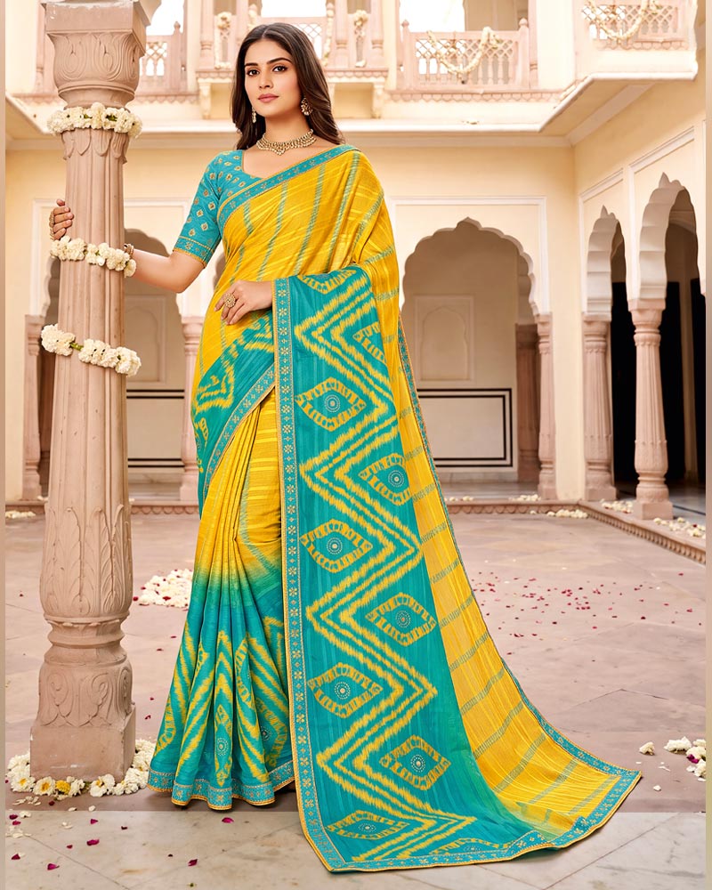 Vishal Prints Mikado Yellow Designer Patterned Chiffon Saree With Mirror And Diamond Work With Fancy Border