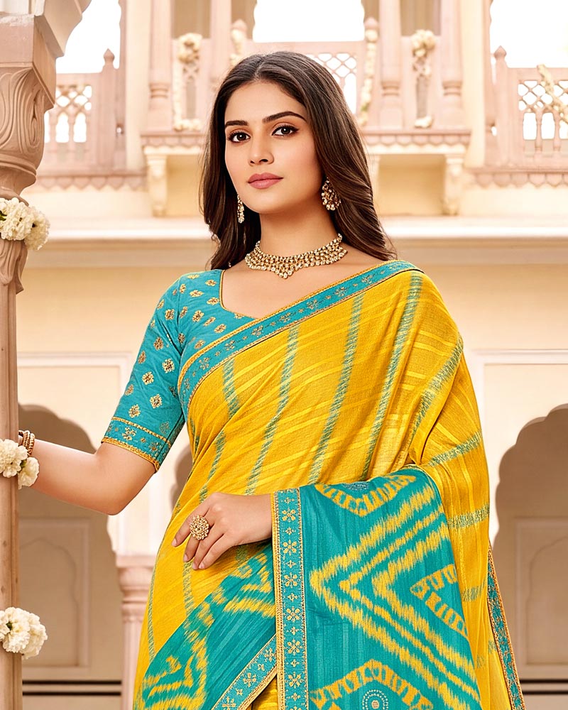 Vishal Prints Mikado Yellow Designer Patterned Chiffon Saree With Mirror And Diamond Work With Fancy Border