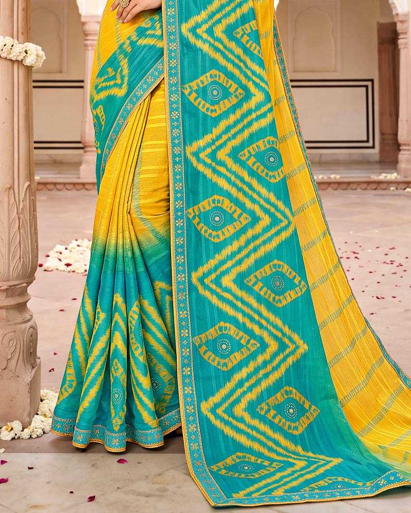 Vishal Prints Mikado Yellow Designer Patterned Chiffon Saree With Mirror And Diamond Work With Fancy Border
