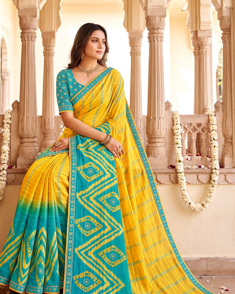 Vishal Prints Mikado Yellow Designer Patterned Chiffon Saree With Mirror And Diamond Work With Fancy Border