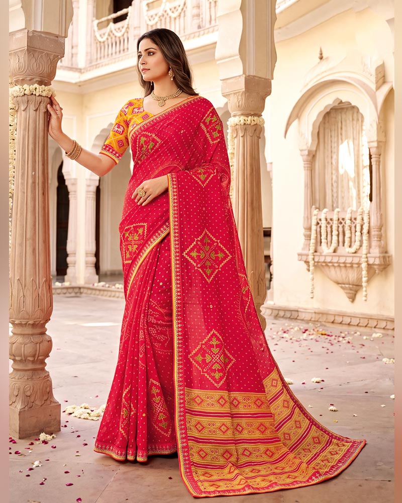 Vishal Prints Lava Red Designer Patterned Chiffon Saree With Foil Print And Fancy Embroidery Border