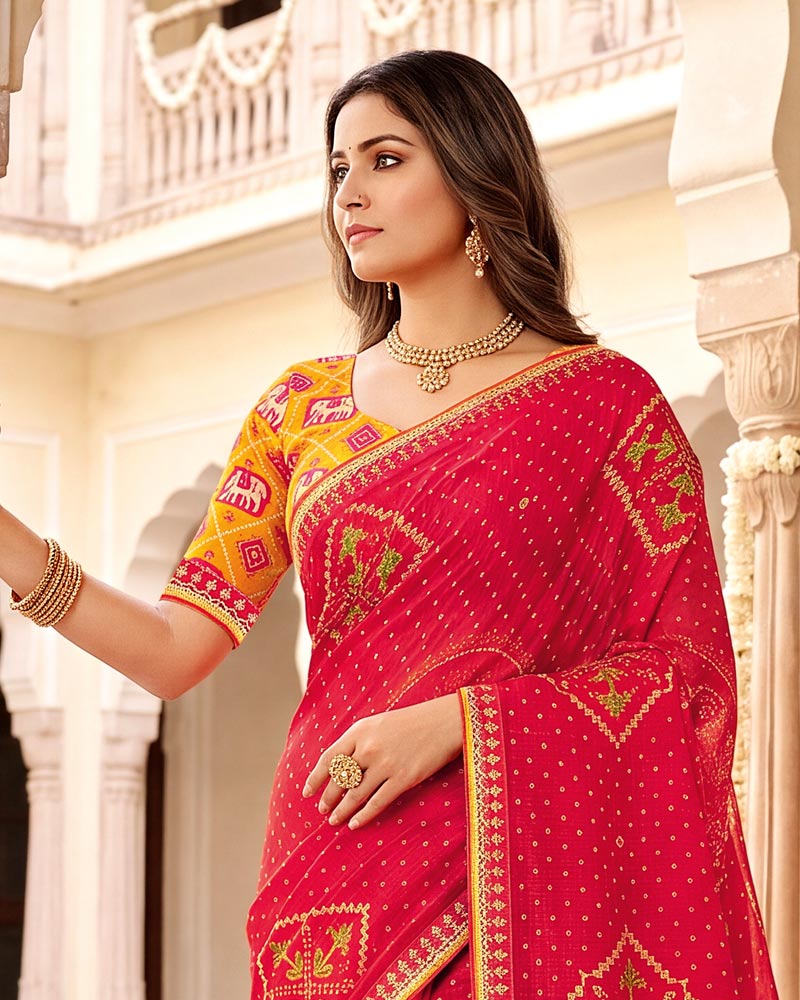 Vishal Prints Lava Red Designer Patterned Chiffon Saree With Foil Print And Fancy Embroidery Border