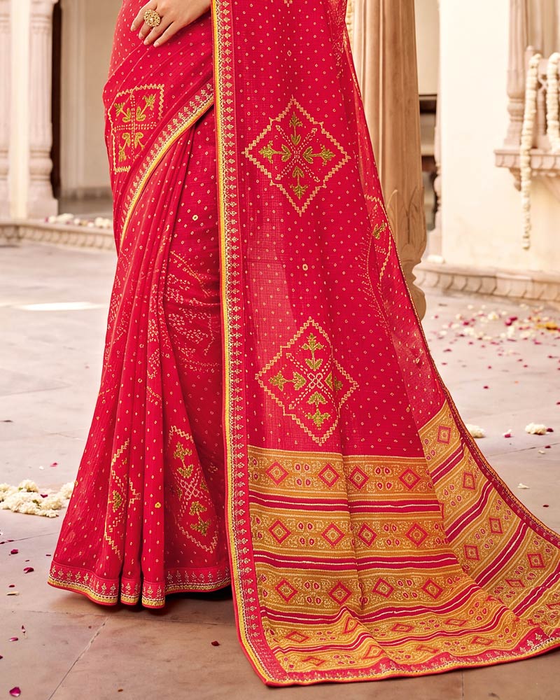 Vishal Prints Lava Red Designer Patterned Chiffon Saree With Foil Print And Fancy Embroidery Border