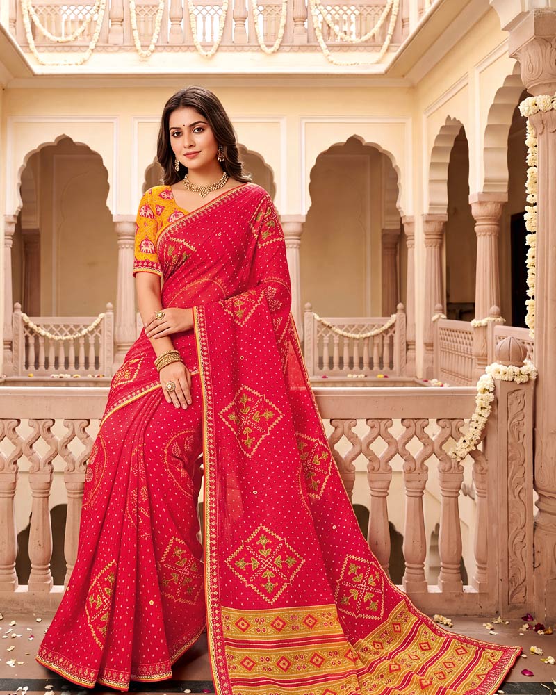 Vishal Prints Lava Red Designer Patterned Chiffon Saree With Foil Print And Fancy Embroidery Border