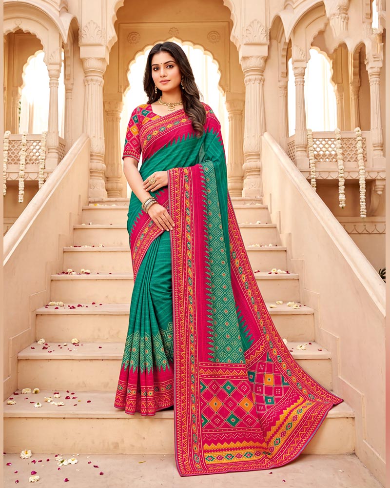 Vishal Prints Pine Green Designer Patterned Chiffon Saree With Fancy Border