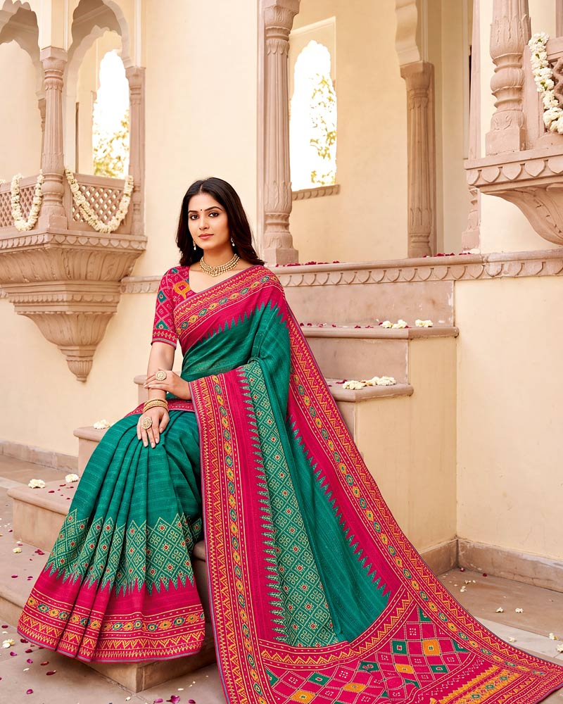 Vishal Prints Pine Green Designer Patterned Chiffon Saree With Fancy Border