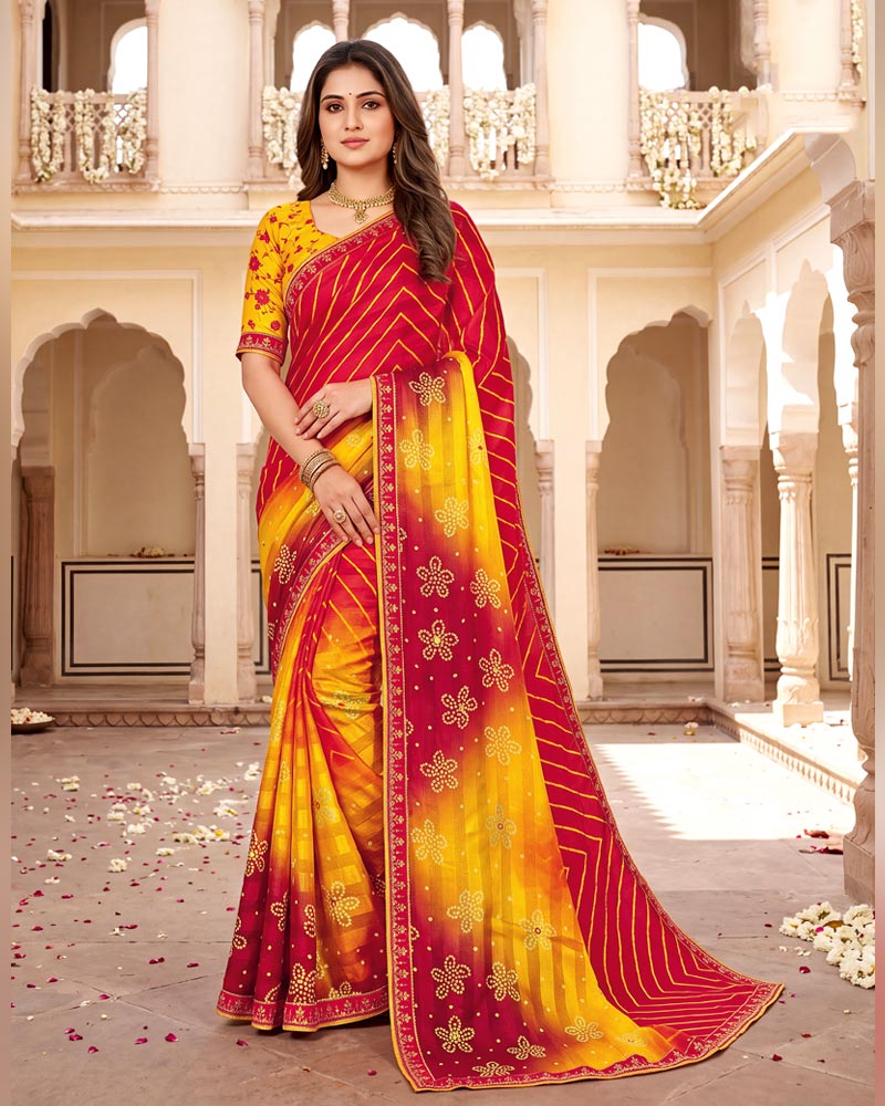 Vishal Prints Shiraz Red Designer Patterned Chiffon Saree With Mirror Work And Fancy Border