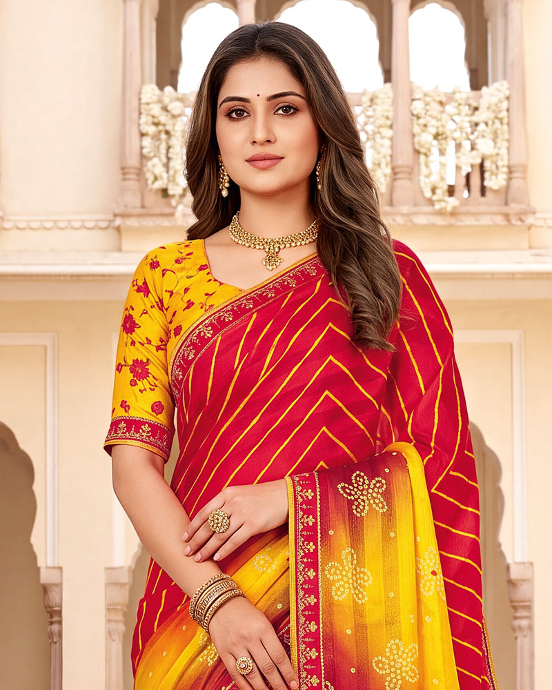Vishal Prints Shiraz Red Designer Patterned Chiffon Saree With Mirror Work And Fancy Border