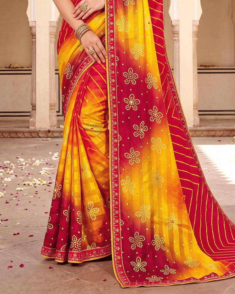 Vishal Prints Shiraz Red Designer Patterned Chiffon Saree With Mirror Work And Fancy Border
