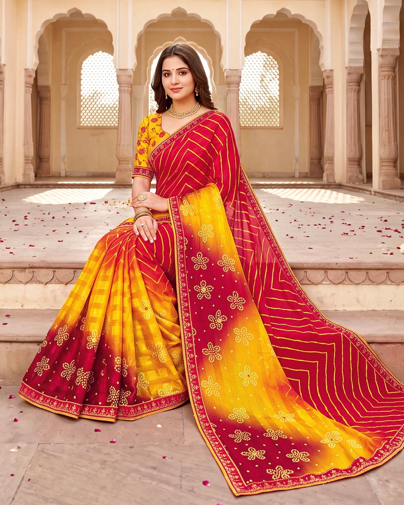 Vishal Prints Shiraz Red Designer Patterned Chiffon Saree With Mirror Work And Fancy Border