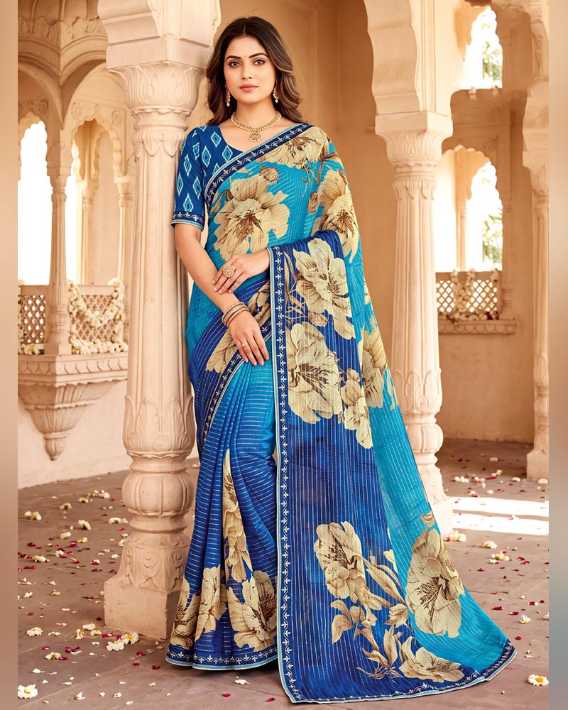 Vishal Prints Pacific And Royal Blue Designer Patterned Chiffon Saree With Fancy Embroidery Border