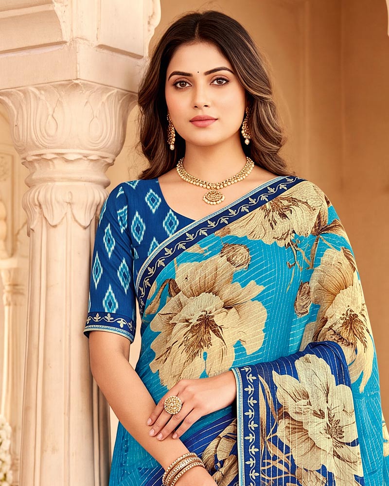 Vishal Prints Pacific And Royal Blue Designer Patterned Chiffon Saree With Fancy Embroidery Border