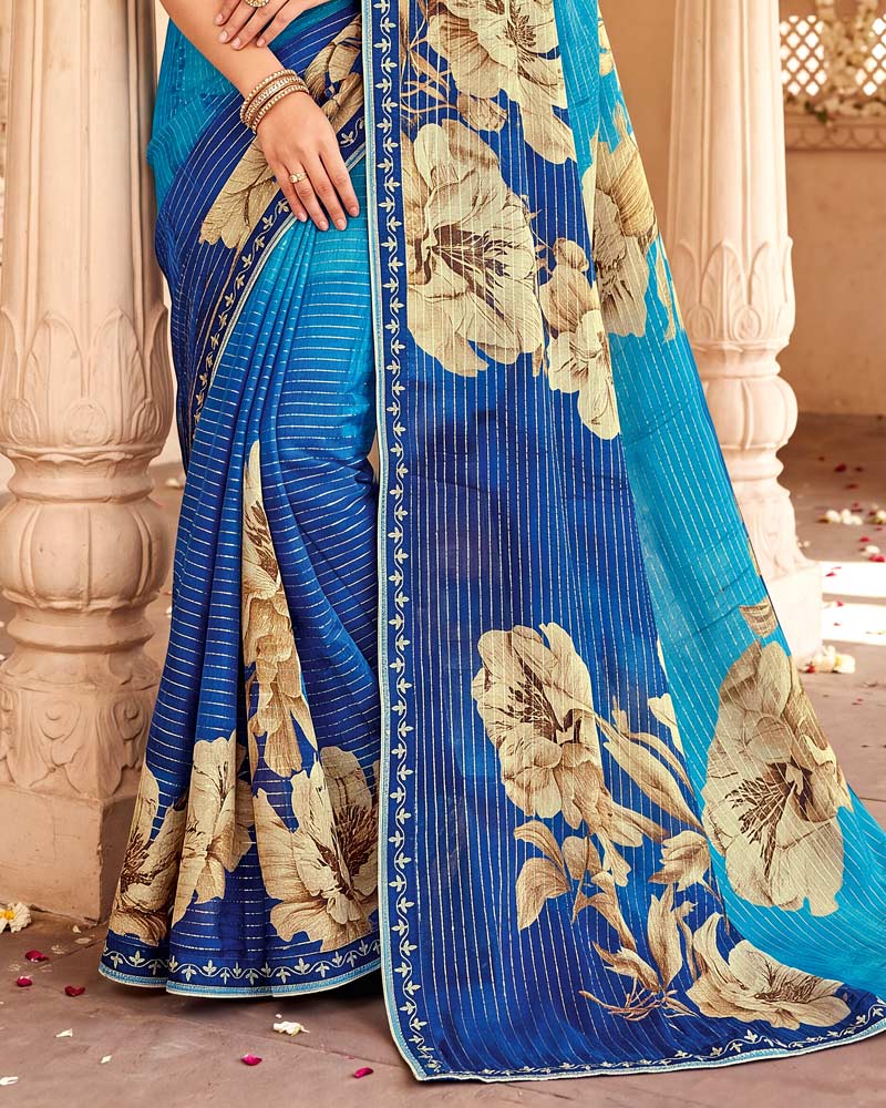 Vishal Prints Pacific And Royal Blue Designer Patterned Chiffon Saree With Fancy Embroidery Border