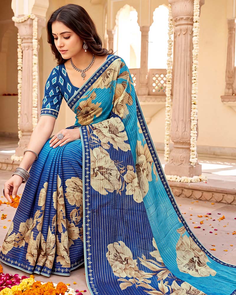 Vishal Prints Pacific And Royal Blue Designer Patterned Chiffon Saree With Fancy Embroidery Border