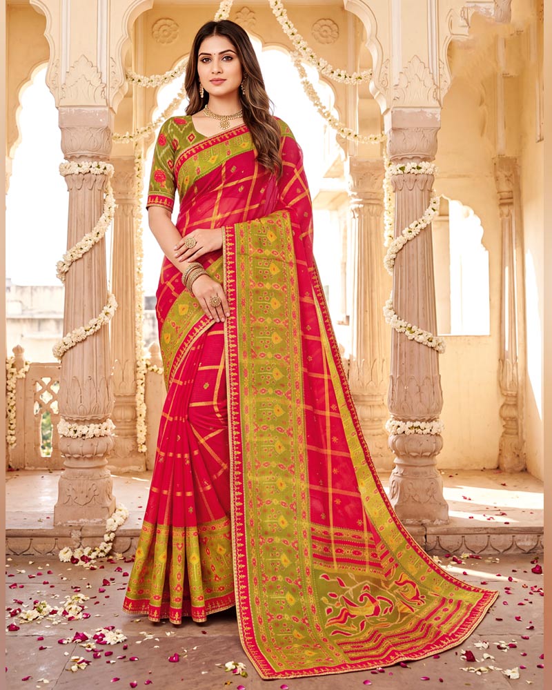 Vishal Prints Cherry Red Designer Patterned Chiffon Saree With Diamond Work And Fancy Embroidery Border