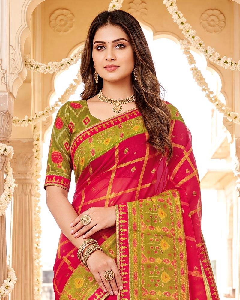 Vishal Prints Cherry Red Designer Patterned Chiffon Saree With Diamond Work And Fancy Embroidery Border