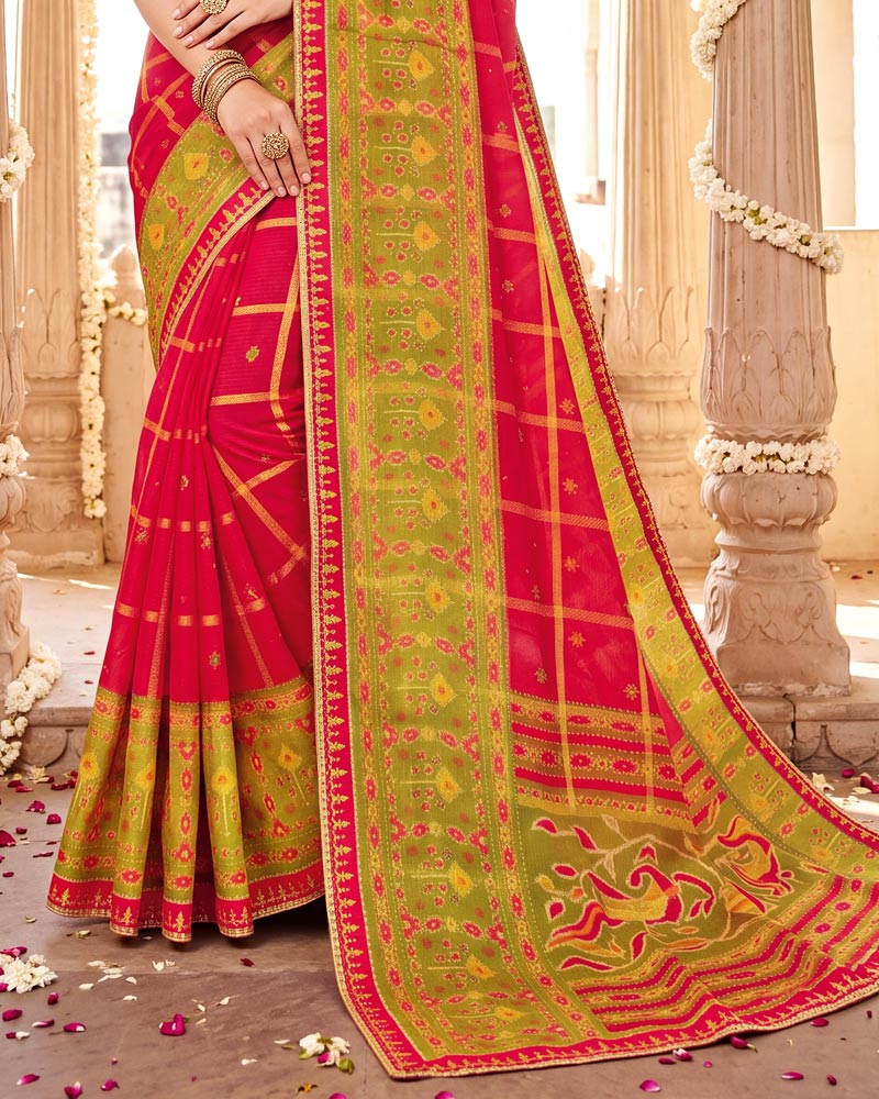 Vishal Prints Cherry Red Designer Patterned Chiffon Saree With Diamond Work And Fancy Embroidery Border