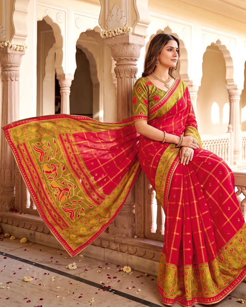 Vishal Prints Cherry Red Designer Patterned Chiffon Saree With Diamond Work And Fancy Embroidery Border